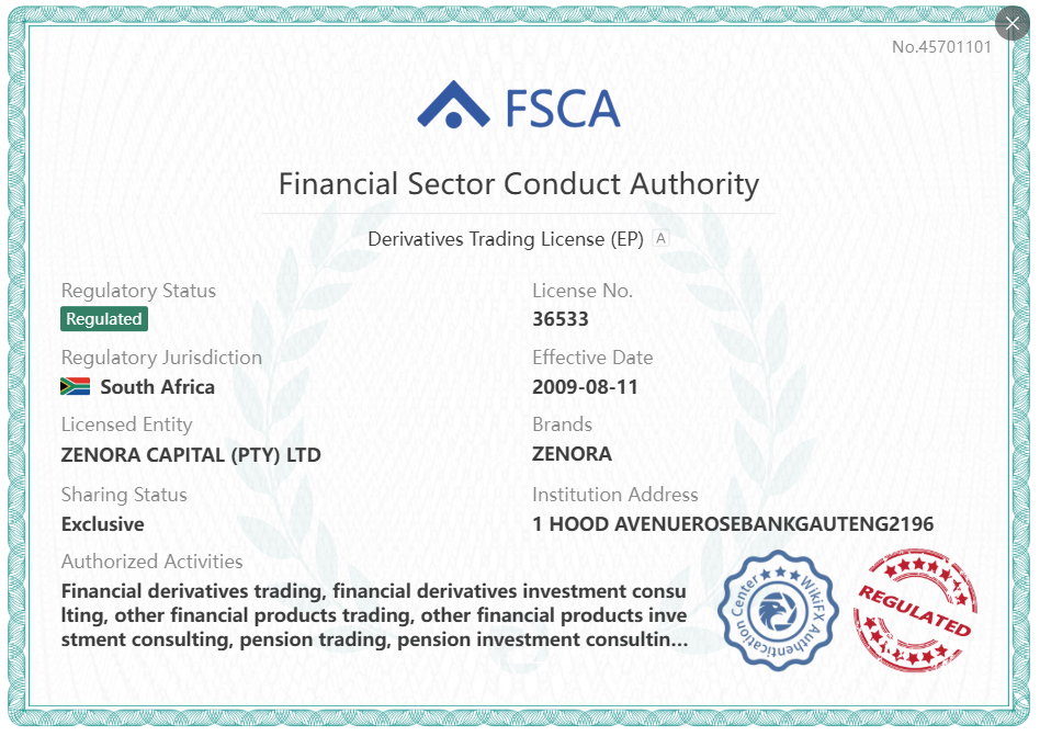 South African Financial Sector Conduct Authority license certificate
